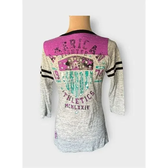 American Fighter Women's M Split Neck Fighter Training Graphic Tee Gray Purple - Picture 6 of 6